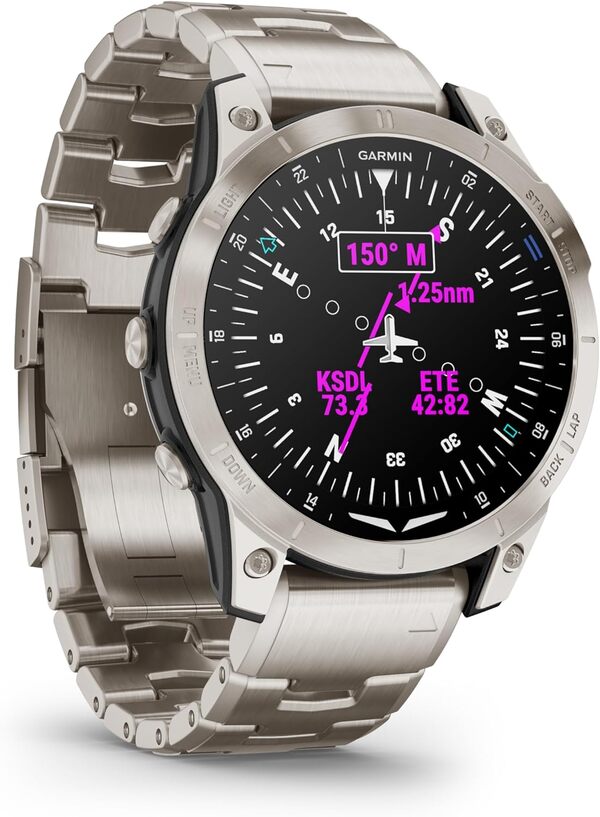 Garmin D2™ Mach 1 Montre Intelligente aviateur à écran Tactile avec Carte Mobile GPS, météo aérative, Fonctions de santé et de Bien-être et Plus Encore, Bracelet en Titane ventilé
