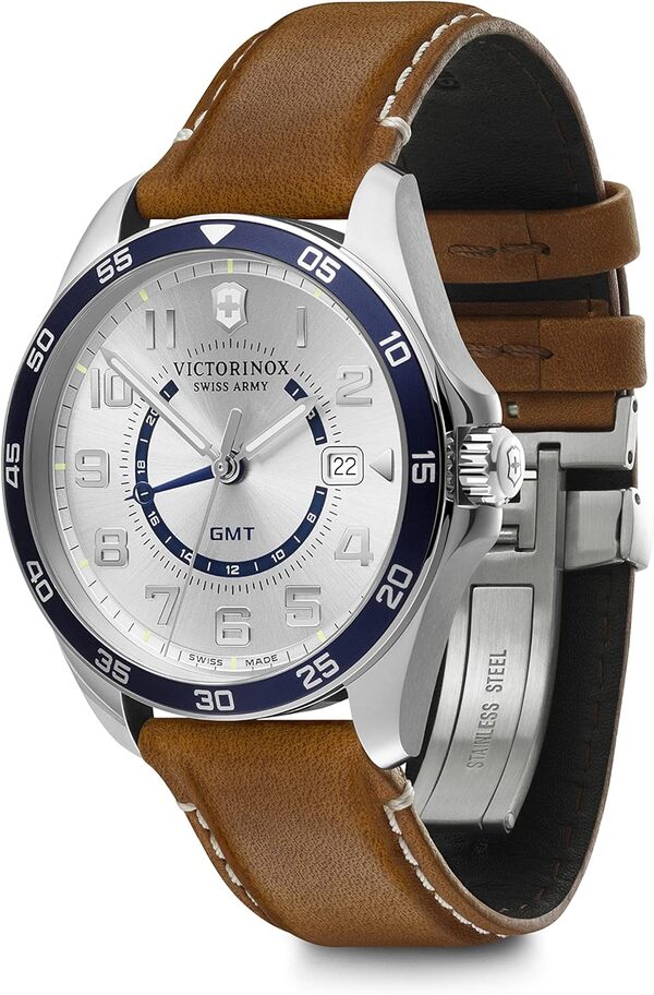 Victorinox Montre Homme FieldForce Classic GMT Ø 42 mm, Swiss Made, Quartz Analogique, Étanche Jusqu’à 100 m, Bracelet Cuir, Argent Blanc/Brun