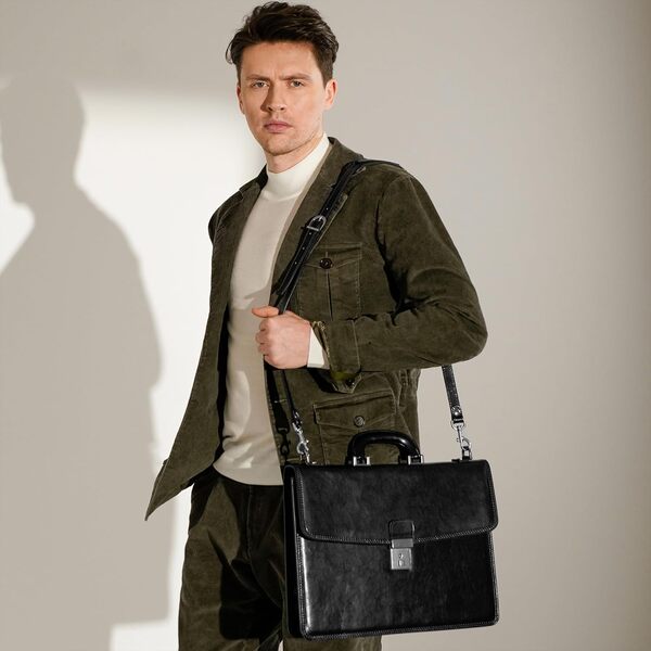 Time Resistance Porte-Documents en Cuir Italien Pleine Fleur pour Hommes Sac à Bandoulière Détachable Fabriqué à la Main pour Ordinateur Portable 15 Pouces