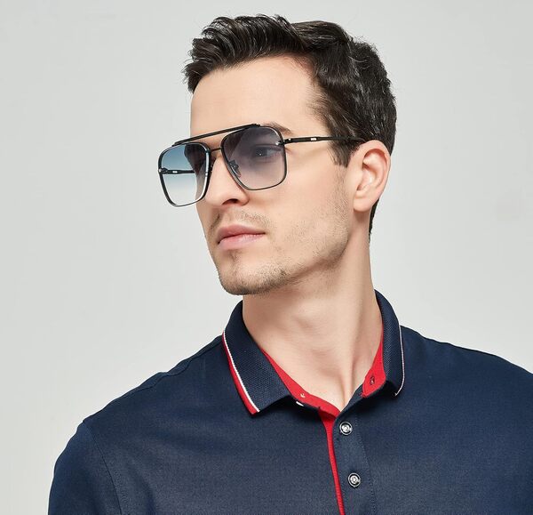 Gtand Mode Surdimensionné Carré Aviateur Dégradé Lunettes De Soleil Pour Hommes Femmes Vintage Métal Lunettes De Soleil 63mm, Monture noire C9/lentilles bleu dégradées, L