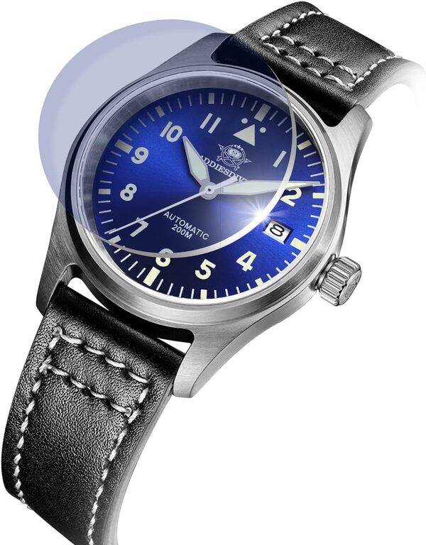 ADDIESDIVE Aviateur Pro Diver Montre Automatique Homme Mouvement NH35，Bracelet Cuir 20 mm, Cadran pointeur 200 m