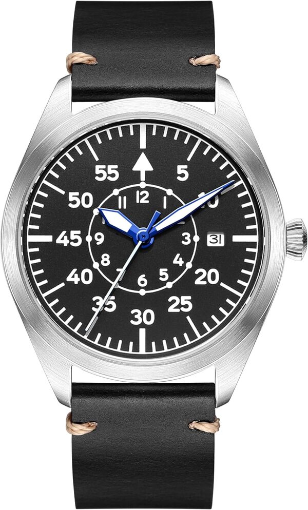 Montre de pilote pour homme - Mouvement automatique japonais - Boîtier en acier inoxydable - Montre flieger avec éclairage étanche