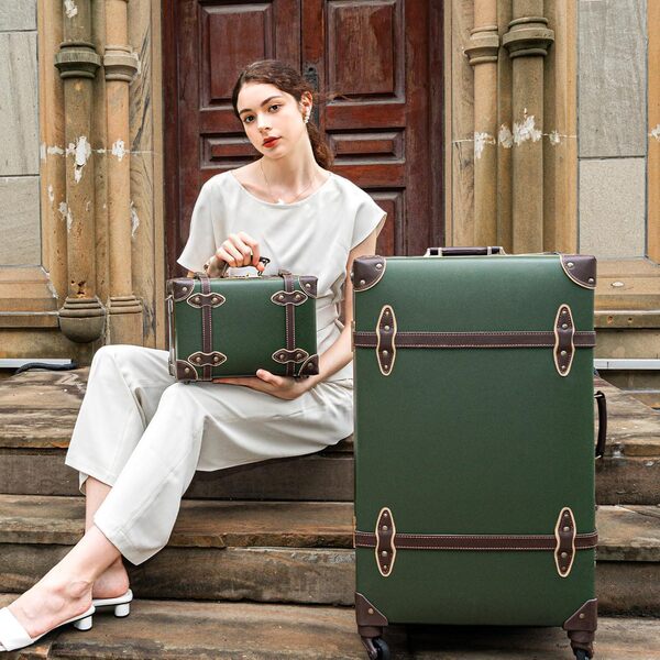urecity Ensemble Valise Vintage Voyage avec Verrouillage Numérique Luxe Mignon Rétro Sets de Bagages Cabine, Valise 4 Roues (Vert, S(12