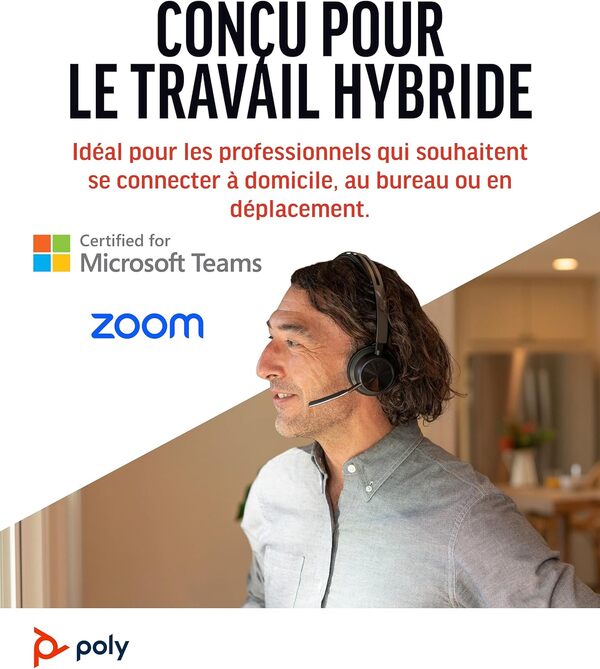 Micro-casque sans fil Poly Voyager Focus 2 UC avec microphone et socle de chargement - Annulation active du bruit (ANC), Connexion à un PC/Téléphone portable via Bluetooth, avec Teams (certifié), Zoom