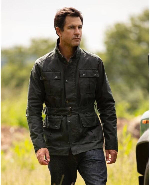 Walker & Hawkes - Veste cirée classique pour homme - ceinture/4 poches/imperméable - style motard - vert olive - XL