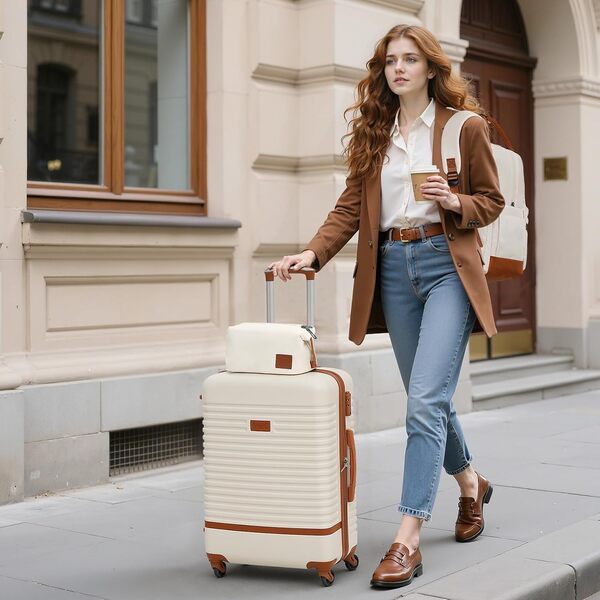COOLIFE Valise, 3 Pièces Set de Valise avec Sacs de Voyage et Trousse de Toilette pour Longs Voyages, Serrure TSA et roulettes Pivotantes à 360° (Blanc/Marron, Grande)