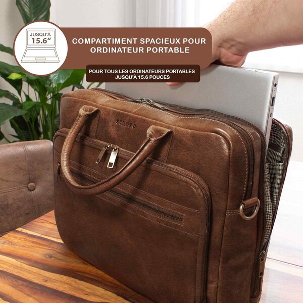 STILORD 'Dawson' Sacoche Professionnelle Cuir Sac à Bandoulière Vintage Serviette XL Cartable Business Sac d'affaires pour Ordinateur 15.6 Pouces, Couleur:Torino - Marron