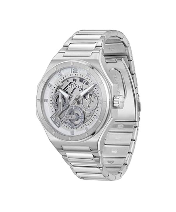 Découvrez la montre Hugo skeleton en acier inoxydable : une pièce d'horlogerie élégante et sophistiquée qui allie style contemporain et mécanisme visible pour un look intemporel.