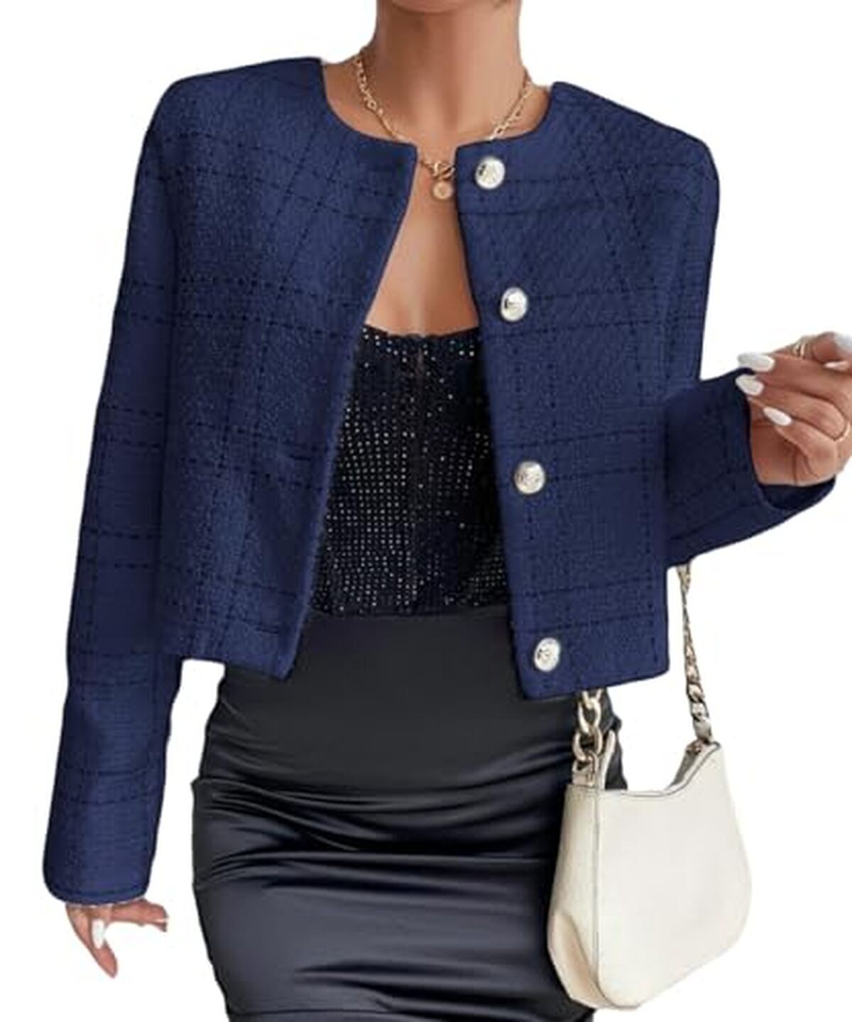 Avis sur le blazer à carreaux en tweed bleu marine pour femme